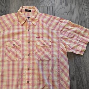 Orvis River Guide Pearl Snap Western Shirt Plaid Orange Mens L Short Sleeve